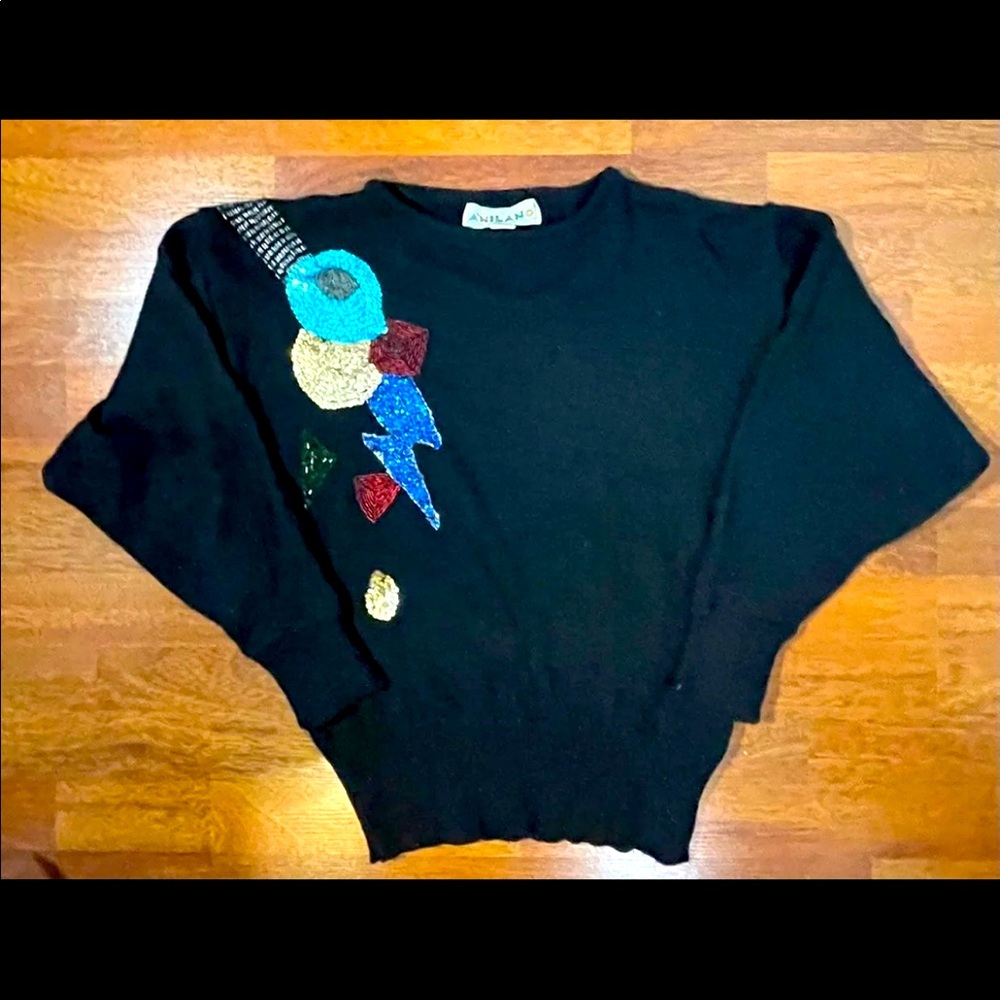 VINTAGE 80’s “POSE” GEOMETRIC SPARKLE BLACK ACRYLIC KNIT “TRAPEZE” CREW SWEATER